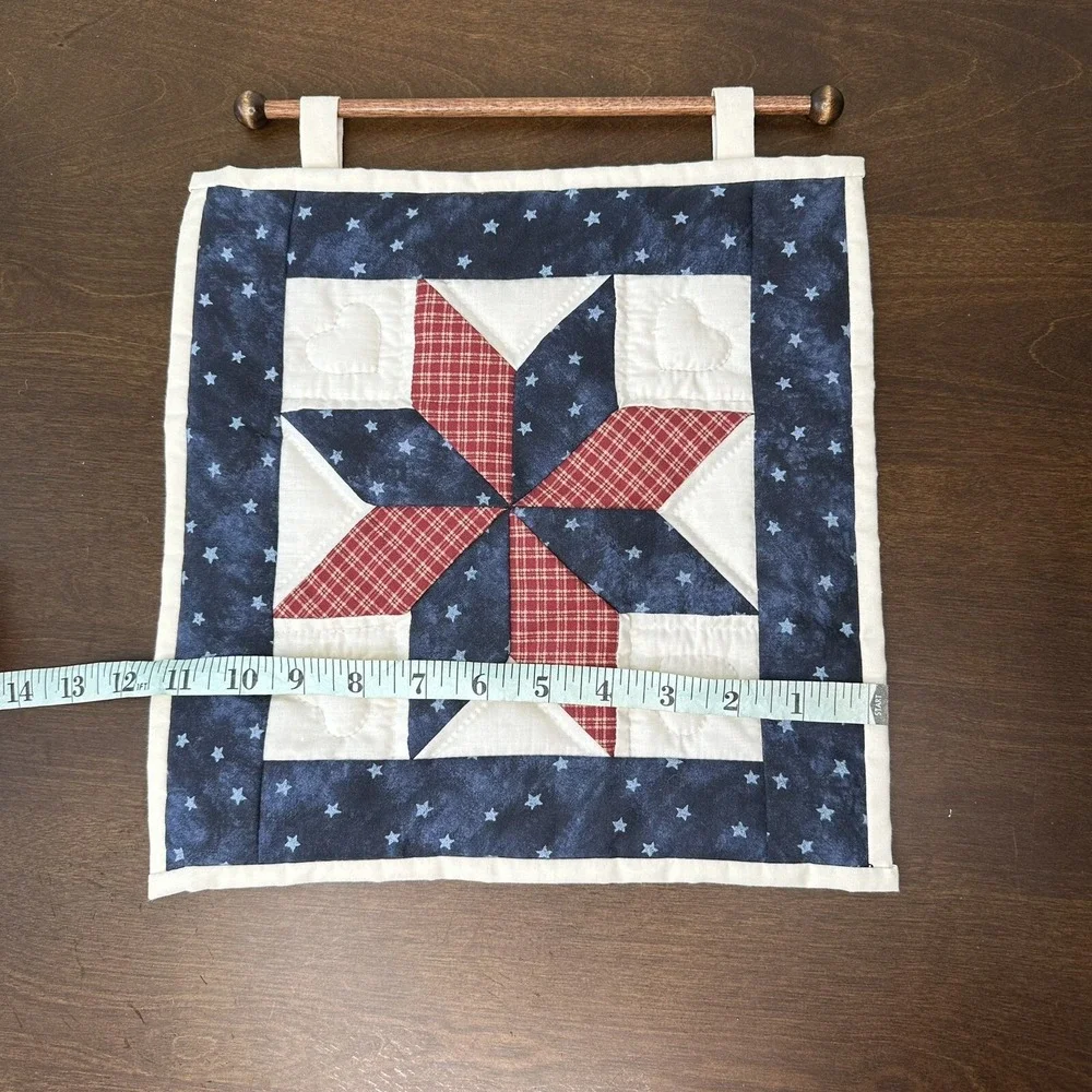 Handmade Quilt Wall Hanging Folk Americana Star Country Barn Red Blue Quilted